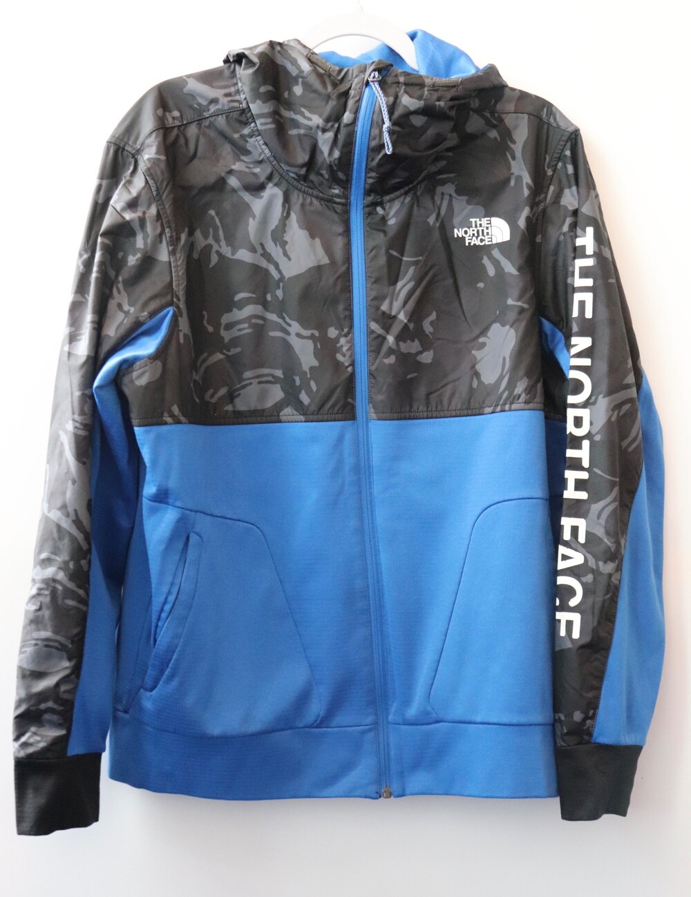 The North Face Full Zip Jacket Blue Black Camo Hooded Outdoor Large